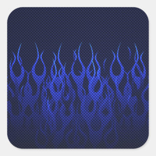 Blue Racing Flames on Carbon Fibre Print Square Sticker