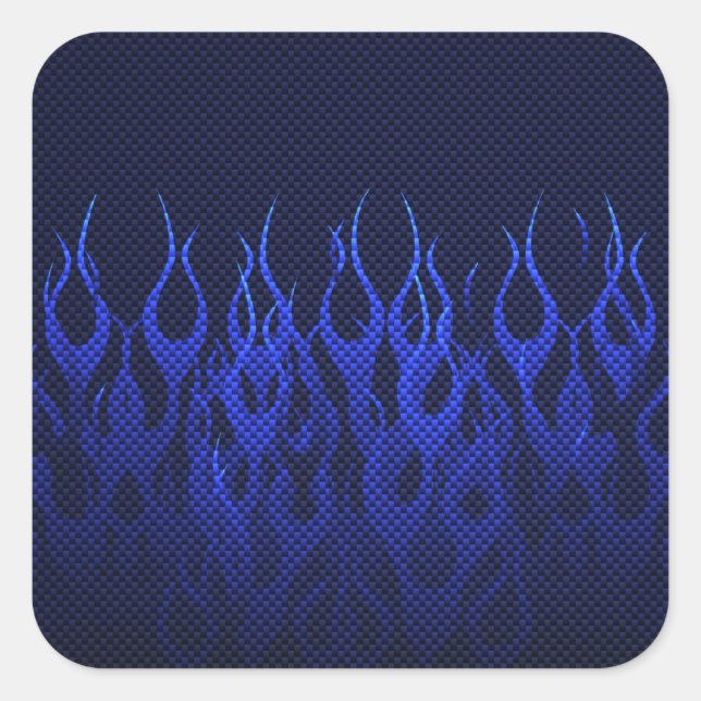 Blue Racing Flames on Carbon Fibre Print Square Sticker (Front)