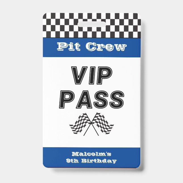 Blue Racing Party Pit Crew VIP Pass Pit Stop Badge (Front)