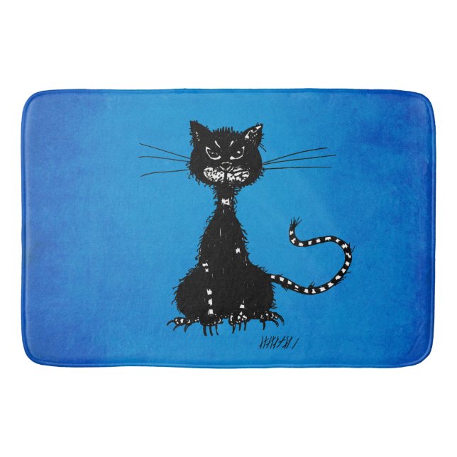 Blue Ragged Evil Black Cat Bath Mat (Front)
