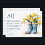 Blue Rainboots Yellow Tulips 80th Birthday Invitation<br><div class="desc">Blue rainboots with yellow tulips springtime/summer 80th birthday party invitation. This invitation can be purchased printed or as a digital invitation to share with family and friends on social media or through email. Contact me for assistance with your customizations or to request additional matching or coordinating Zazzle products for your...</div>