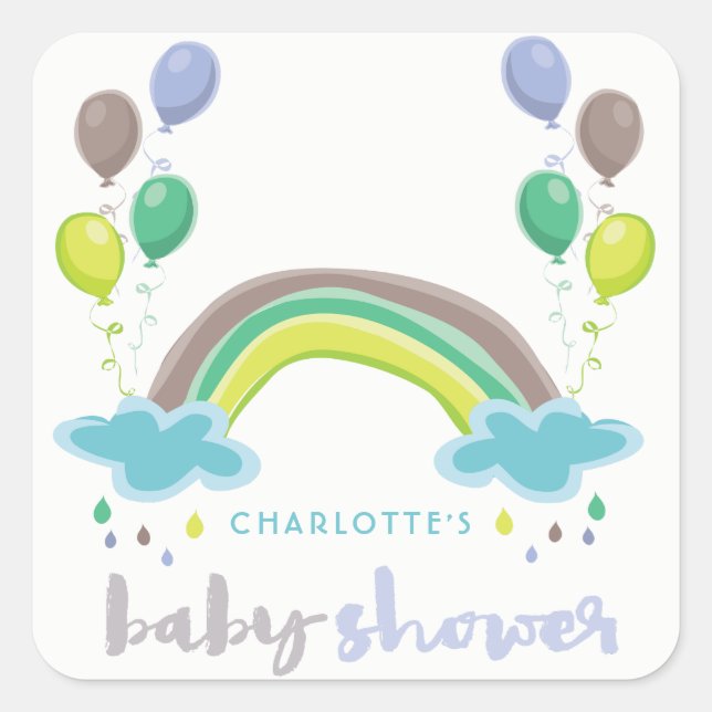 Blue Rainbow & Balloons Boy Baby Shower Sticker (Front)