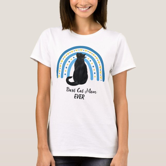 Blue Rainbow Best Black Cat Mom T-Shirt (Front)
