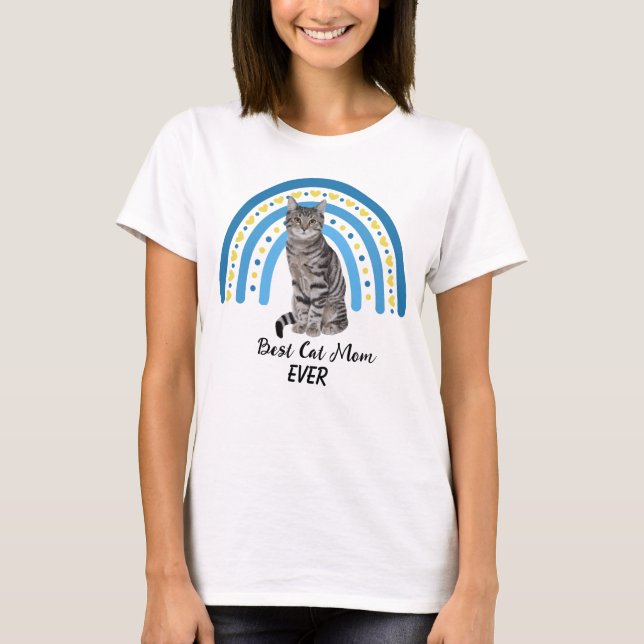 Blue Rainbow Best Grey Tabby Cat Mom T-Shirt (Front)