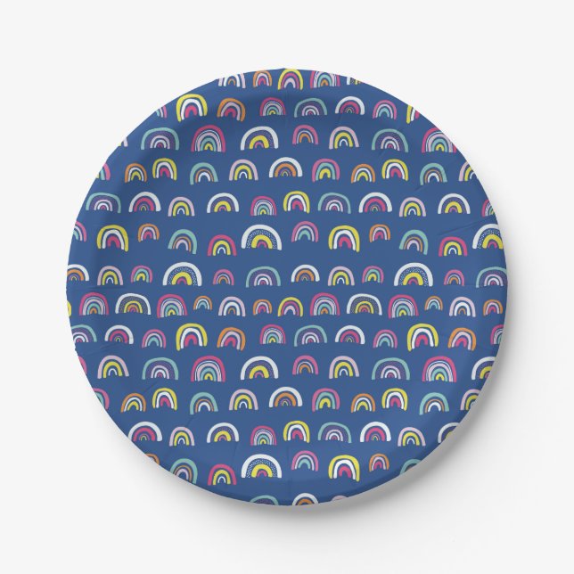 Blue Rainbow Birthday Party Paper Plate (Front)