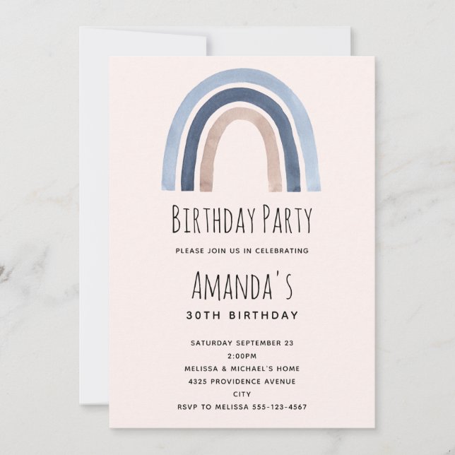 Blue Rainbow Boho Design Birthday Invitation (Front)