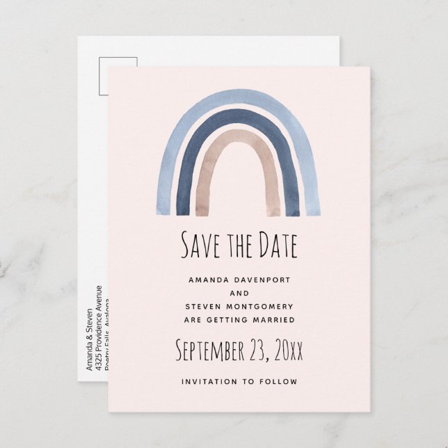 Blue Rainbow Boho Design Save the Date Wedding Announcement Postcard (Front/Back)