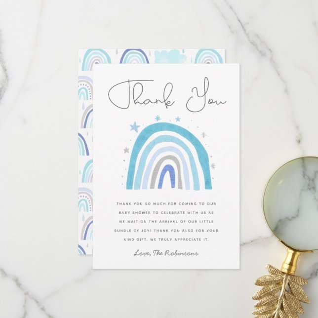 Blue Rainbow Boy's Baby Shower Thank You Card (Front/Back In Situ)