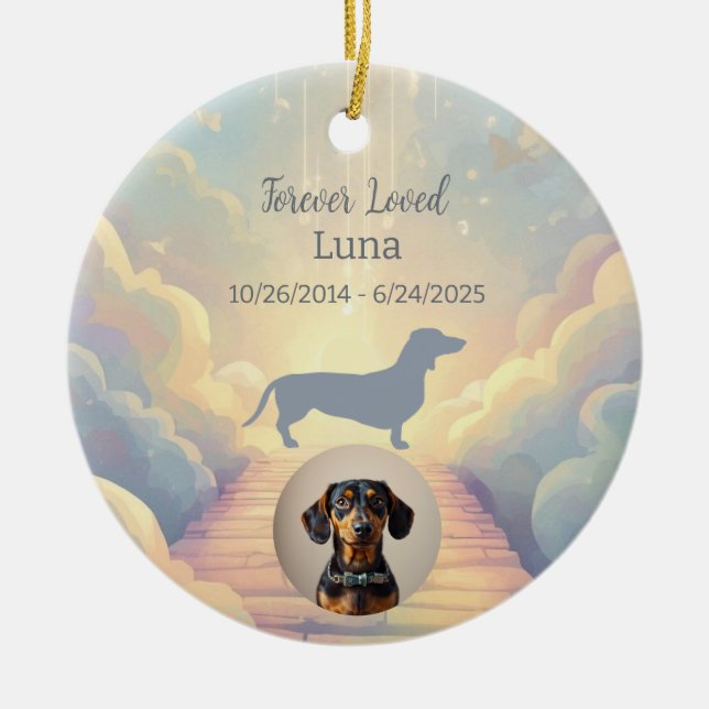 Blue Rainbow Bridge Dachshund Memorial Ornament (Front)
