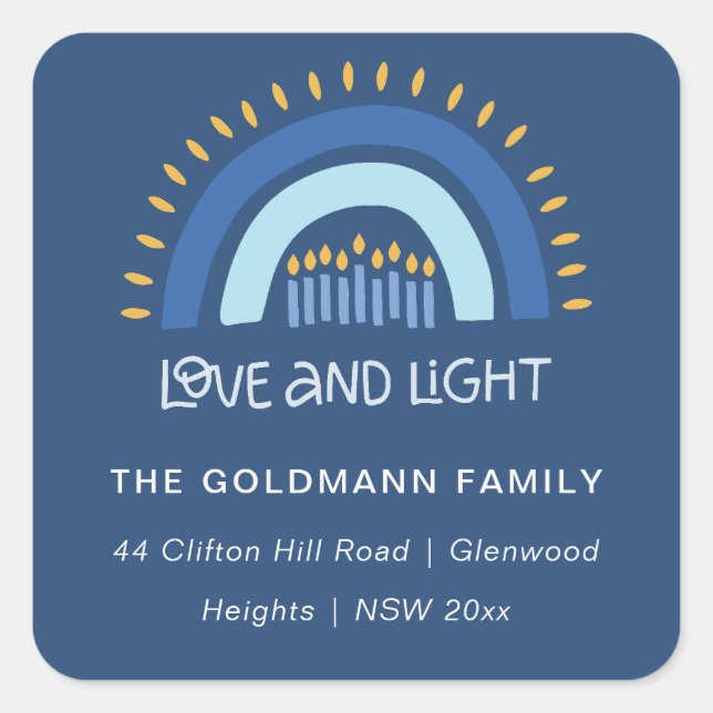 Blue Rainbow Candles Love & Light Hanukkah Address Square Sticker (Front)