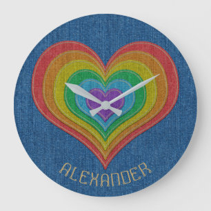 Blue Rainbow Denim Jeans 6 Hearts Name Customized Large Clock