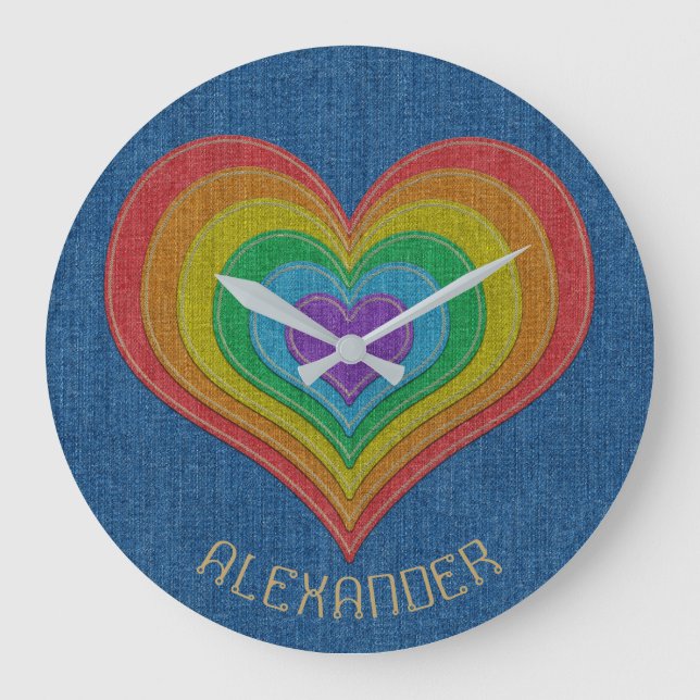 Blue Rainbow Denim Jeans 6 Hearts Name Customized Large Clock (Front)