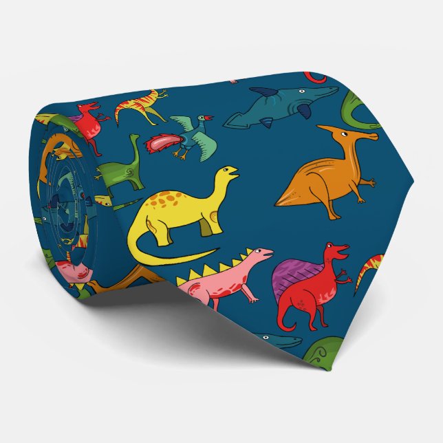 Blue Rainbow Dinosaurs Tie (Rolled)