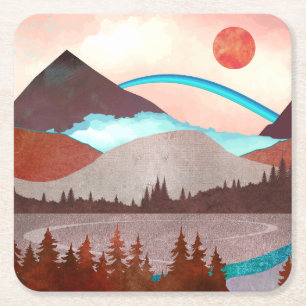 Blue Rainbow Landscape Square Paper Coaster
