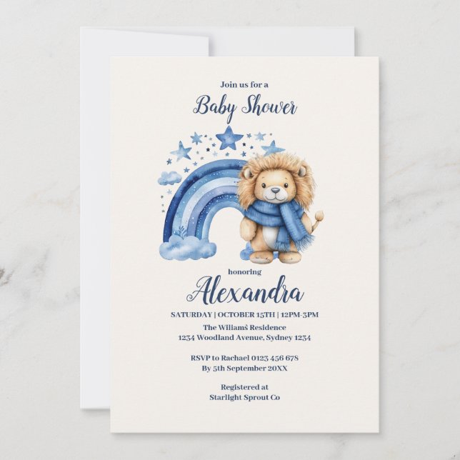 Blue Rainbow Lion Baby Shower Invitation (Front)