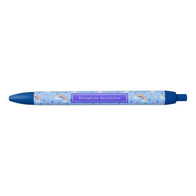 Blue Rainbow Rain Clouds Personalized Name Black Ink Pen (Front)