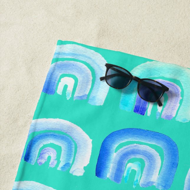 Blue rainbow retro turquoise beach towel (In Situ)