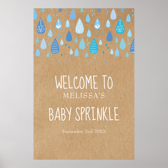 Blue Raindrops Baby Sprinkle / Shower Welcome Poster (Front)
