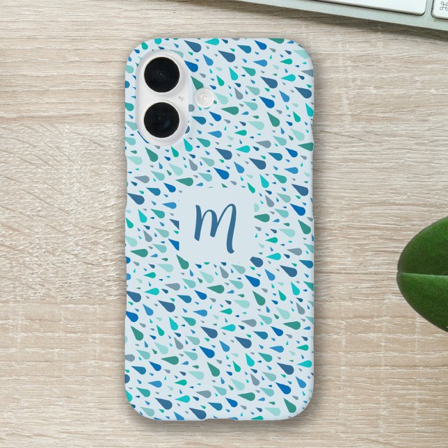Blue raindrops custom monogram Case-Mate iPhone case (Modern sky blue raindrops custom monogram iphone case)