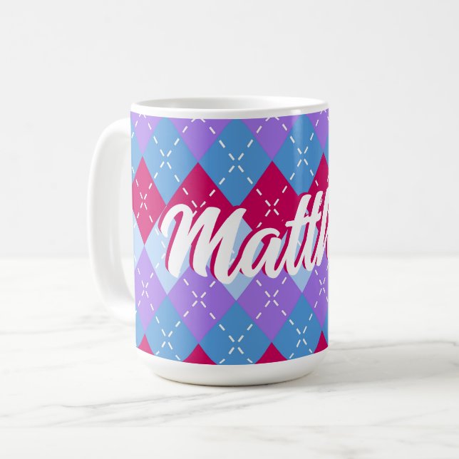 Blue Raspberry Lavender Magenta Argyle Personalize Coffee Mug (Front Left)
