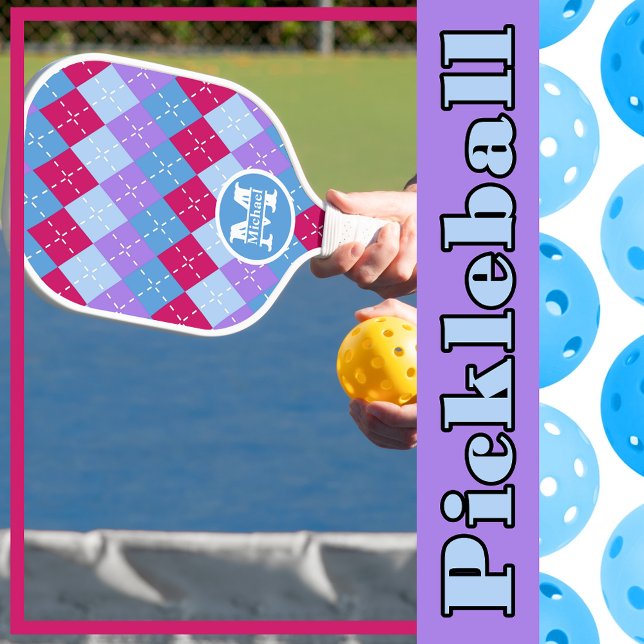 Blue Raspberry Lavender Magenta Argyle Personalize Pickleball Paddle (Creator Uploaded)