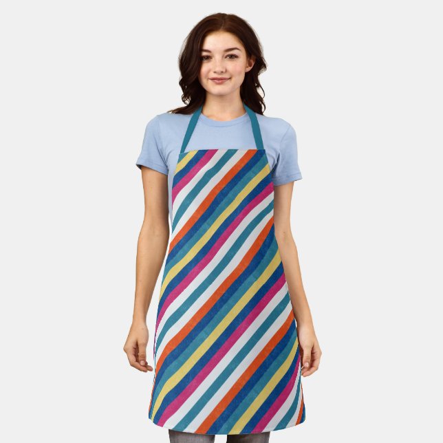 Blue Raspberry Orange Yellow White Stripes Pattern Apron (Worn)