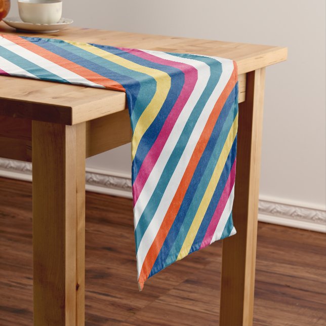 Blue Raspberry Orange Yellow White Stripes Pattern Short Table Runner (In Situ)