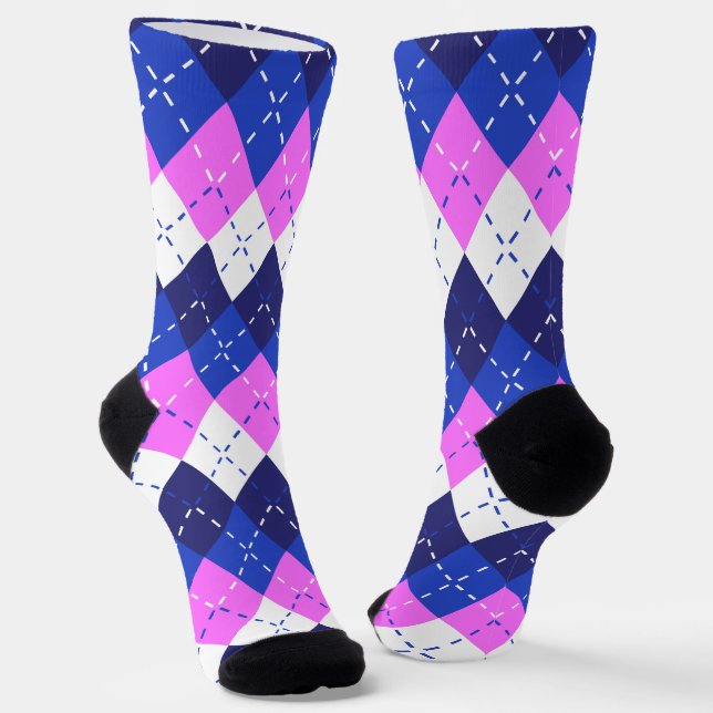Blue Raspberry, Pink and White Argyle Socks (Angled)