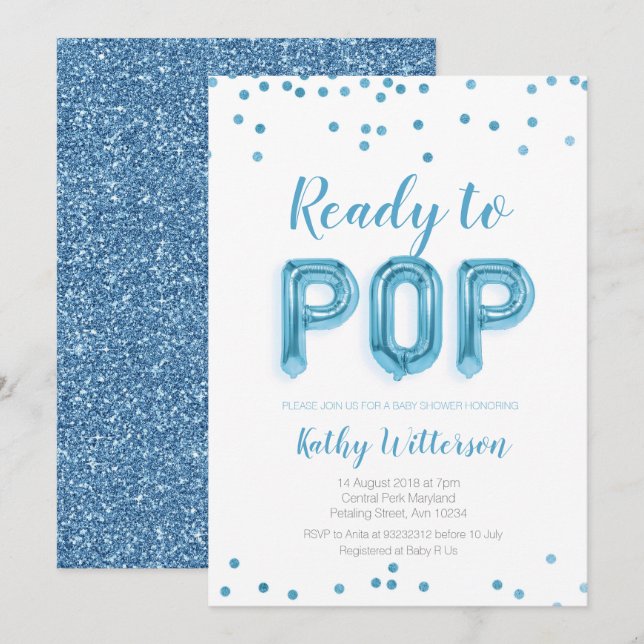 Blue Ready to Pop baby shower invitation (Front/Back)