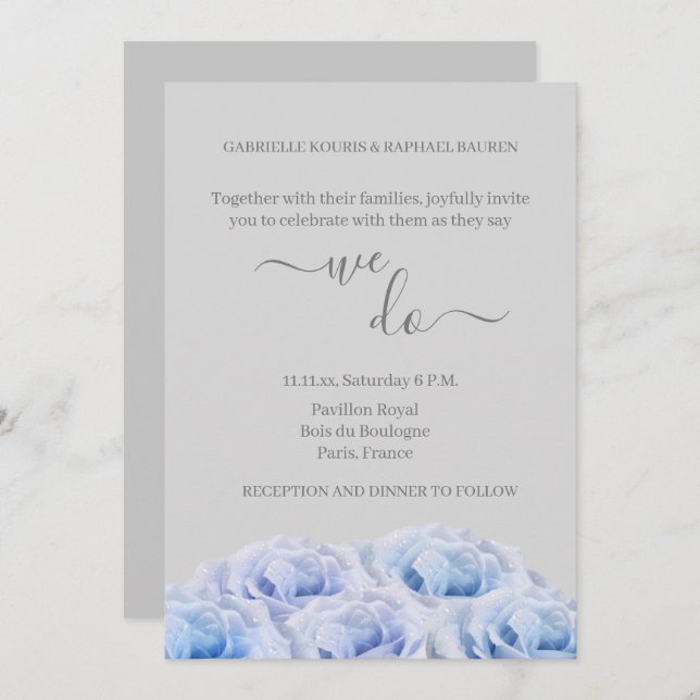 Blue Real Roses Flowers Grey Elegant We Do Wedding Invitation (Front/Back)