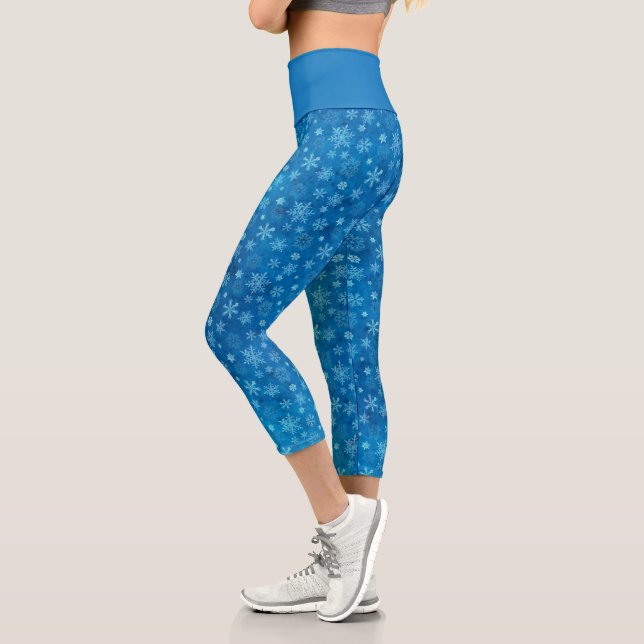 Blue Real Snowflake Winter Holiday Capris Leggings (Left)