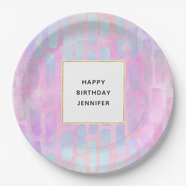 Blue Rectangle Shapes on Pink Background Birthday Paper Plate (Front)