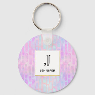 Blue Rectangle Shapes on Pink Background Keychain