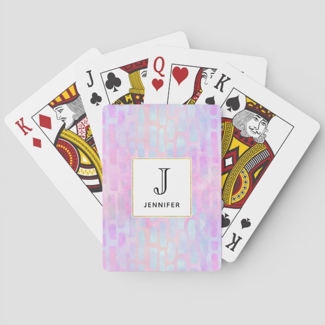 Blue Rectangle Shapes on Pink Background Monogram Playing Cards (Back)