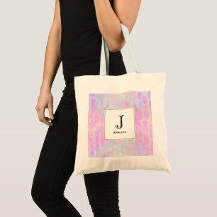 Blue Rectangle Shapes on Pink Background Monogram Tote Bag