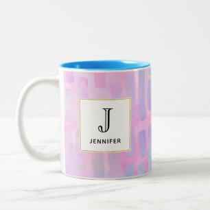 Blue Rectangle Shapes on Pink Background Monogram Two-Tone Coffee Mug