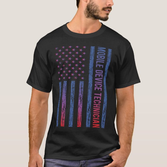 Blue Red American Flag Mobile Device Technician T-Shirt (Front)
