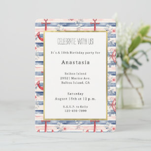 Blue Red Anchors Floral Stripes Beach Birthday Invitation