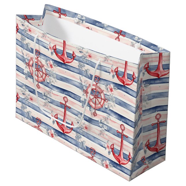 Blue Red Anchors Floral Stripes Beach Birthday Large Gift Bag (Front Angled)