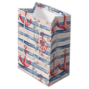Blue Red Anchors Floral Stripes Beach Birthday Medium Gift Bag
