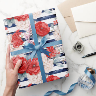 Blue Red Anchors Floral Stripes Beach Birthday Wrapping Paper