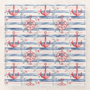 Blue Red Anchors Floral Stripes Beach Glass Coaster