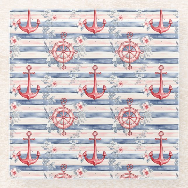 Blue Red Anchors Floral Stripes Beach  Glass Coaster (Front)