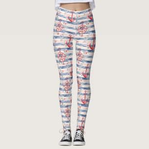 Blue Red Anchors Floral Stripes Beach Leggings