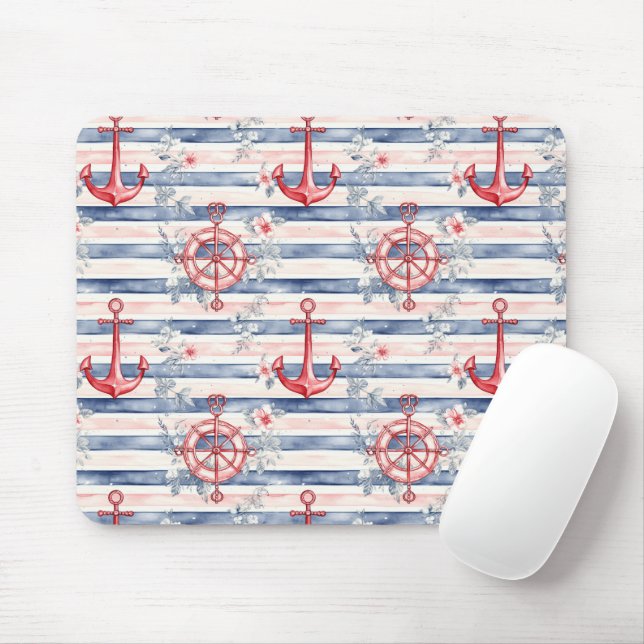 Blue Red Anchors Floral Stripes Beach  Mouse Pad (With Mouse)