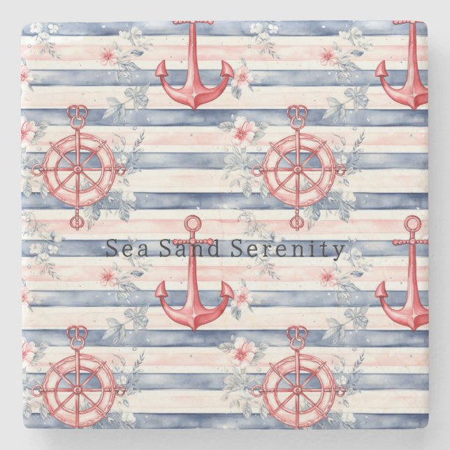 Blue Red Anchors Floral Stripes Beach Ocean Stone Coaster (Front)