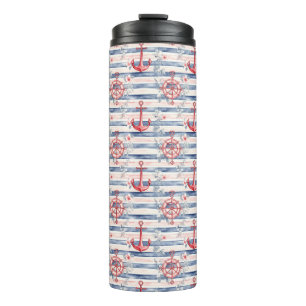 Blue Red Anchors Floral Stripes Beach  Thermal Tumbler