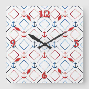Blue, Red anchors, Marine Square Wall Clock