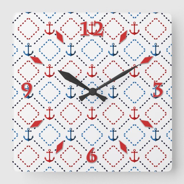 Blue, Red anchors, Marine Square Wall Clock (Front)