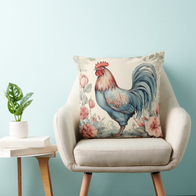 Blue Red and Cream AI Charming Rooster Throw Pillow (Chair)